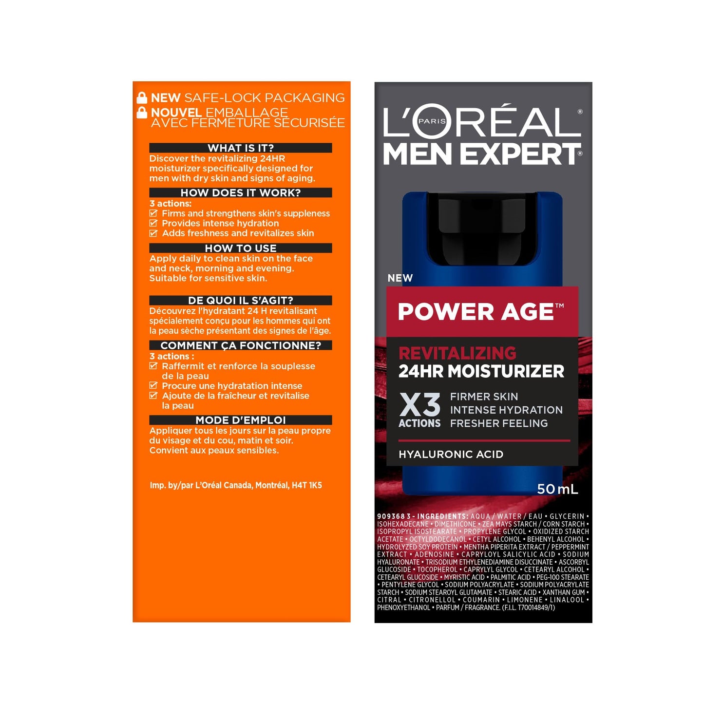 L'Oréal Paris Men Expert 24 HR Hydrating Moisturizer for Men with Hyaluronic Acid and Vitamins, Fights Signs of Aging, Power Age, Packaging May Vary, 50 mL - Available at All In One Marketplace Canada