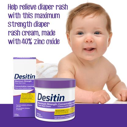 Desitin Maximum Strength Diaper Rash Cream, 40% Zinc Oxide Cream, for Immediate Relief, Dermatologist and Pediatrician Tested, Helps Heal, 454g