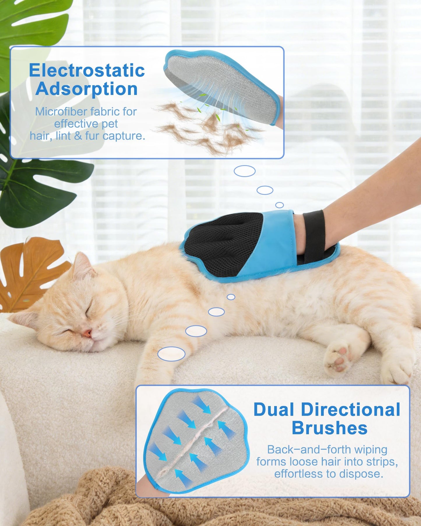 Upgraded Pet Hair Removal Glove, 2 Pair Five-Finger Electrostatic Pet Hair Removal Glove for Cats & Dogs, Reusable Magic Brush for Laundry, Couch, Carpet, Car Seat, Pet Hair Remover Tool (Blue)
