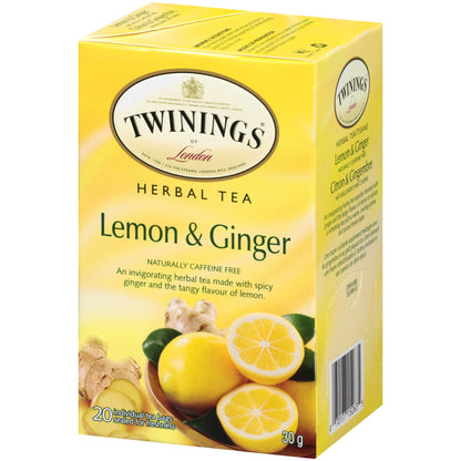 Twinings Lemon and Ginger Herbal Tea Bags - Caffeine-Free, 20 Count (Pack of 6)