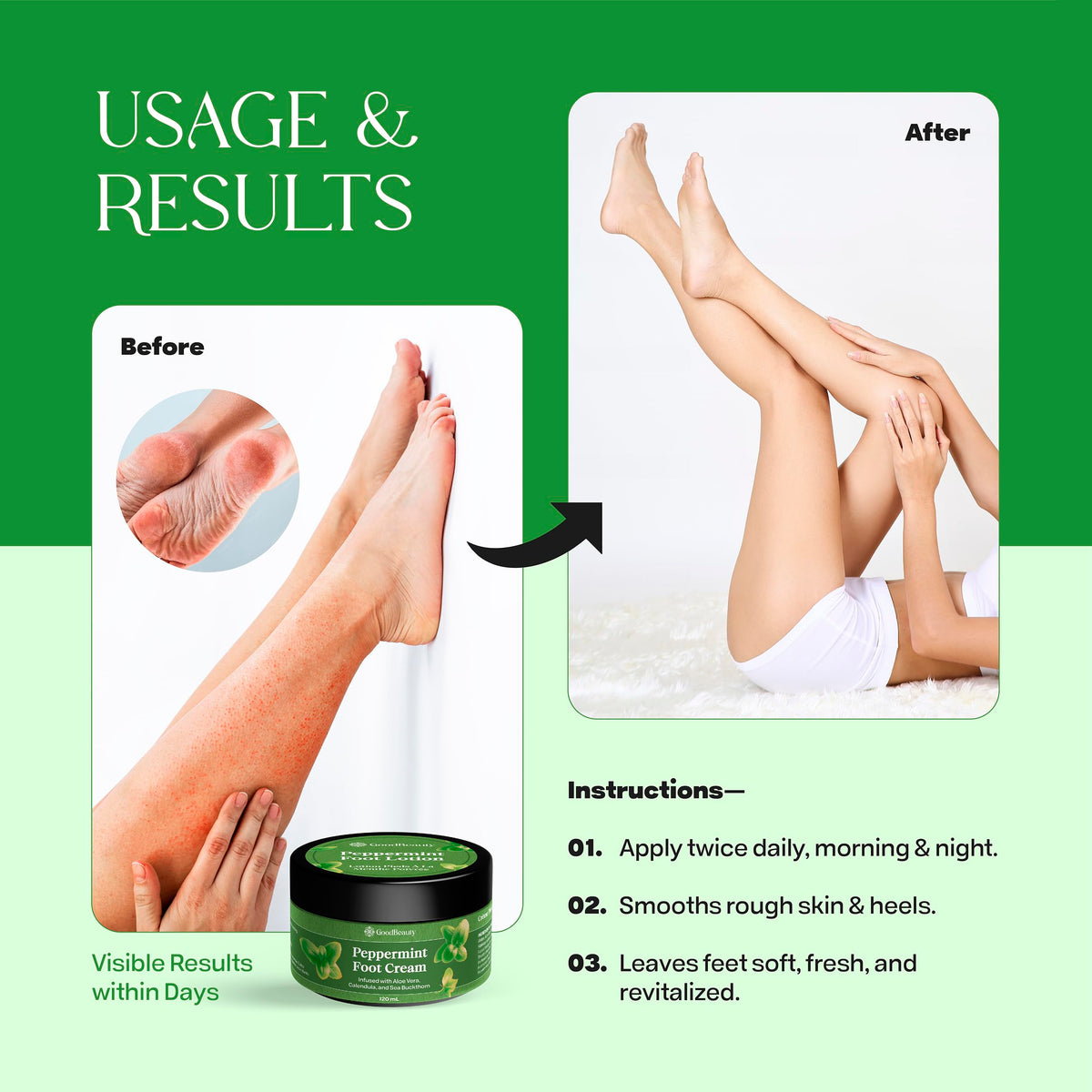 GoodBeauty Peppermint Foot Cream – Moisturizing Lotion with Aloe, Peppermint Oil, Shea Butter & Herbal Extracts – Helping Soothes, Cools & Repairs Dry, Cracked Feet 🍁 All In One Marketplace Canada