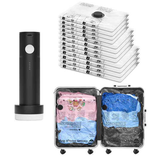 Vacuum Seal Bags for Clothing Travel and Home Storage, Travel Vacuum Bags with Electric Pump, Space Saver Compression Packing Cubes for Luggage Suitcase Bedding Blankets Clothes, 12 Combo