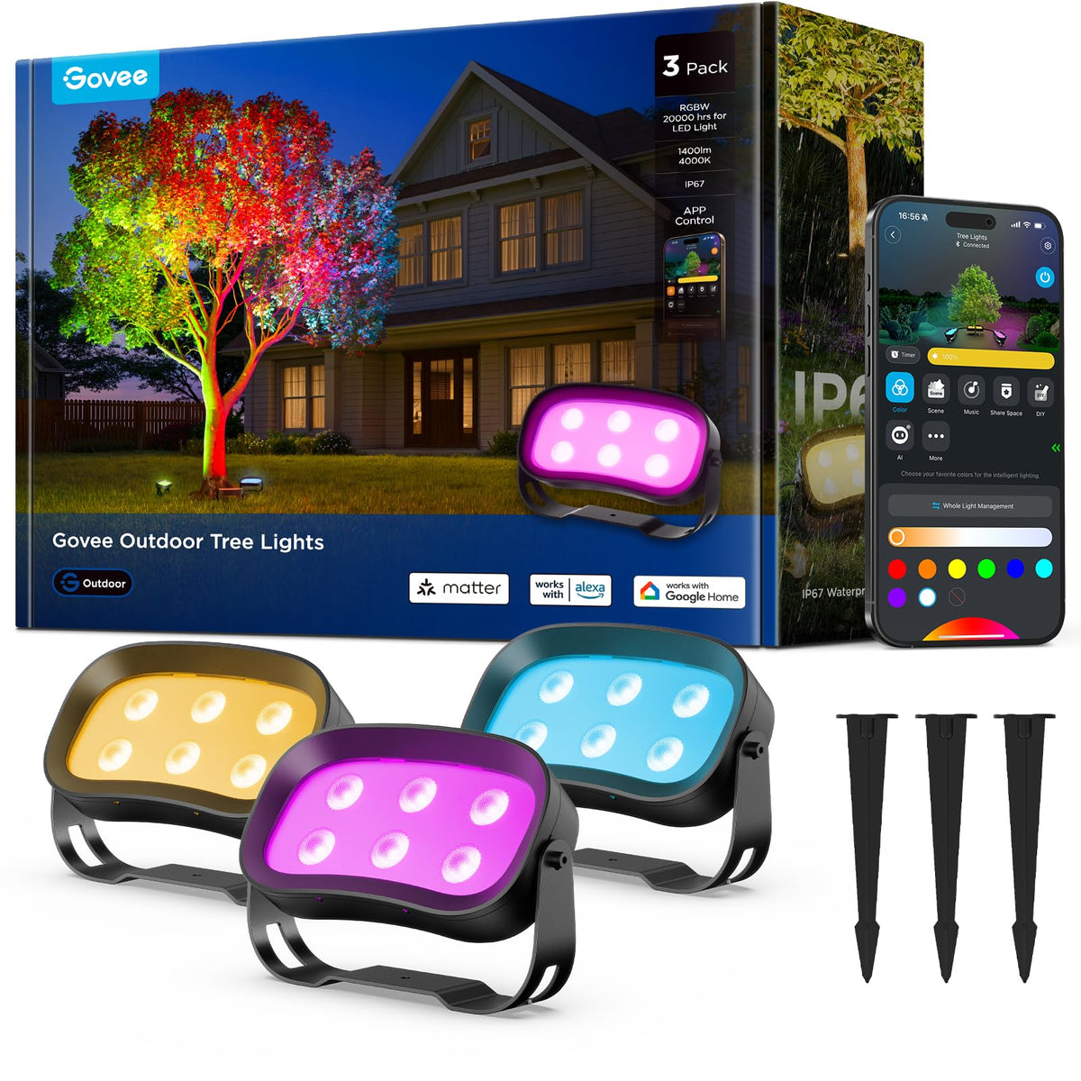 Govee Outdoor Tree Lights 3-Pack, RGBWIC LED Landscape Lighting 🍁 All In One Marketplace Canada