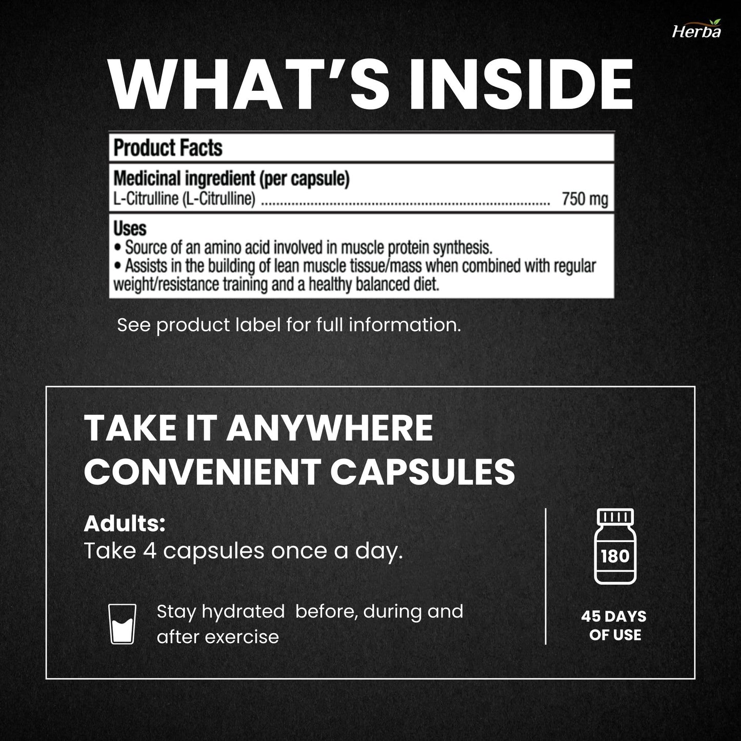 Herba L-Citrulline Capsules 750mg – 180 Capsules | 3,000mg Per Serving | Ultra Pure >98% | L Citrulline Nitric Oxide Supplement | Made & 3rd Party Tested in Canada - Available at All In One Marketplace Canada