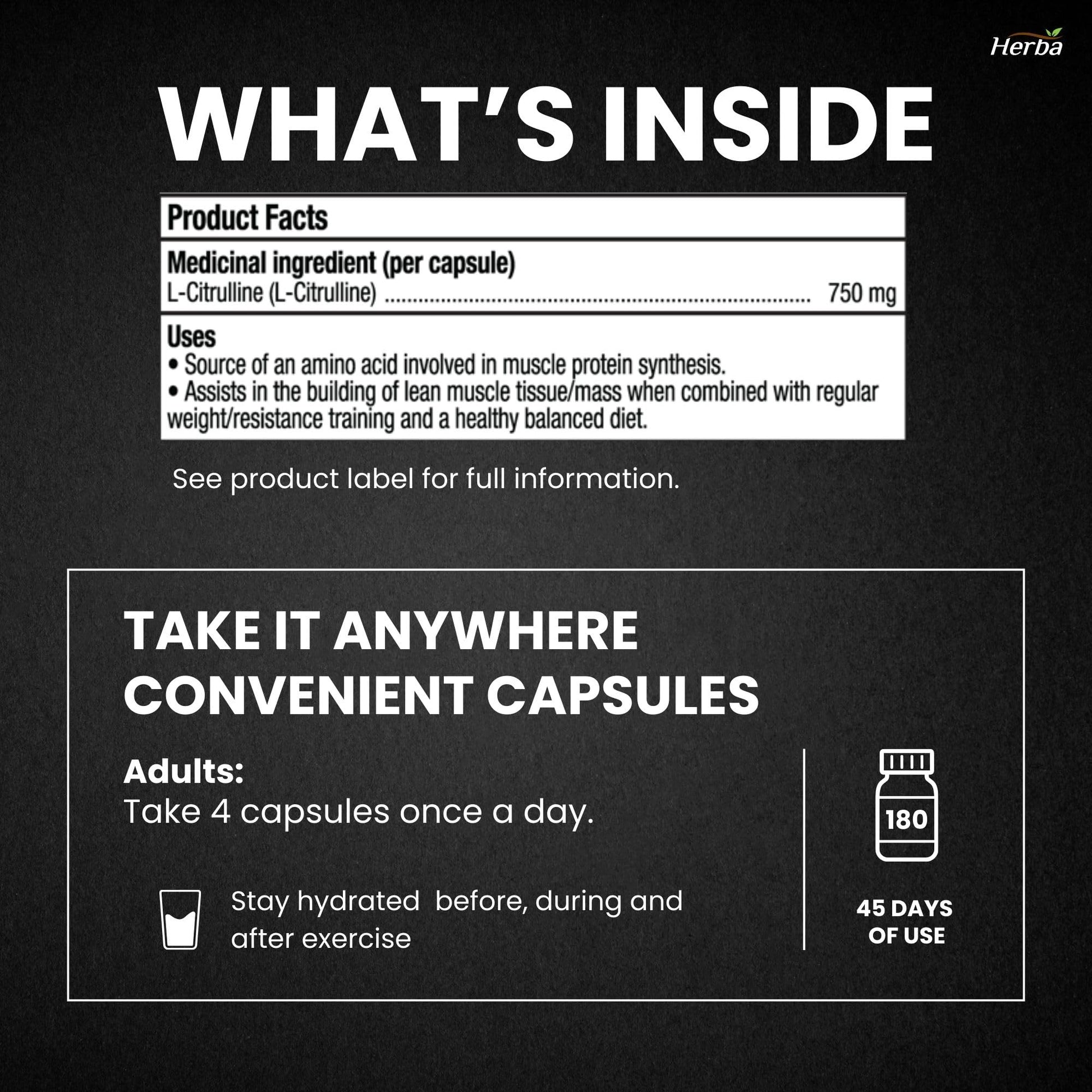 Herba L-Citrulline Capsules 750mg – 180 Capsules | 3,000mg Per Serving | Ultra Pure >98% | L Citrulline Nitric Oxide Supplement | Made & 3rd Party Tested in Canada - Available at All In One Marketplace Canada