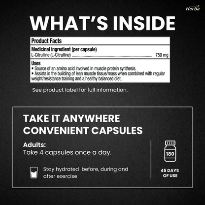 Herba L-Citrulline Capsules 750mg – 180 Capsules | 3,000mg Per Serving | Ultra Pure >98% | L Citrulline Nitric Oxide Supplement | Made & 3rd Party Tested in Canada - Available at All In One Marketplace Canada