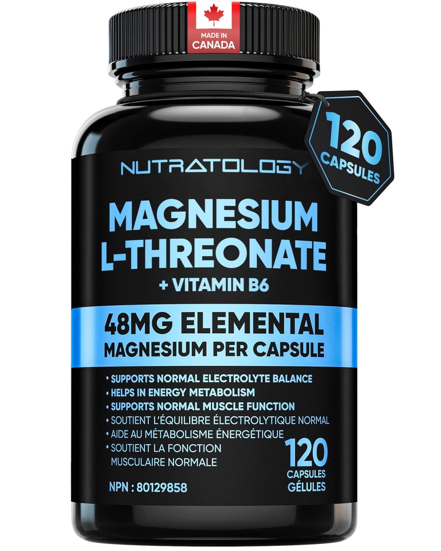 Nutratology® Magnesium L-Threonate + Vitamin B6 | Canadian-Made | Formulated To Help Support Heart & Muscle Function - Balances Electrolytes, Supports Energy Metabolism & Tissue Formation - 120 Count - Available at All In One Marketplace Canada