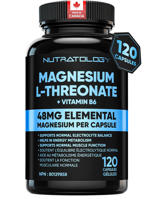 Nutratology® Magnesium L-Threonate + Vitamin B6 | Canadian-Made | Formulated To Help Support Heart & Muscle Function - Balances Electrolytes, Supports Energy Metabolism & Tissue Formation - 120 Count - Available at All In One Marketplace Canada