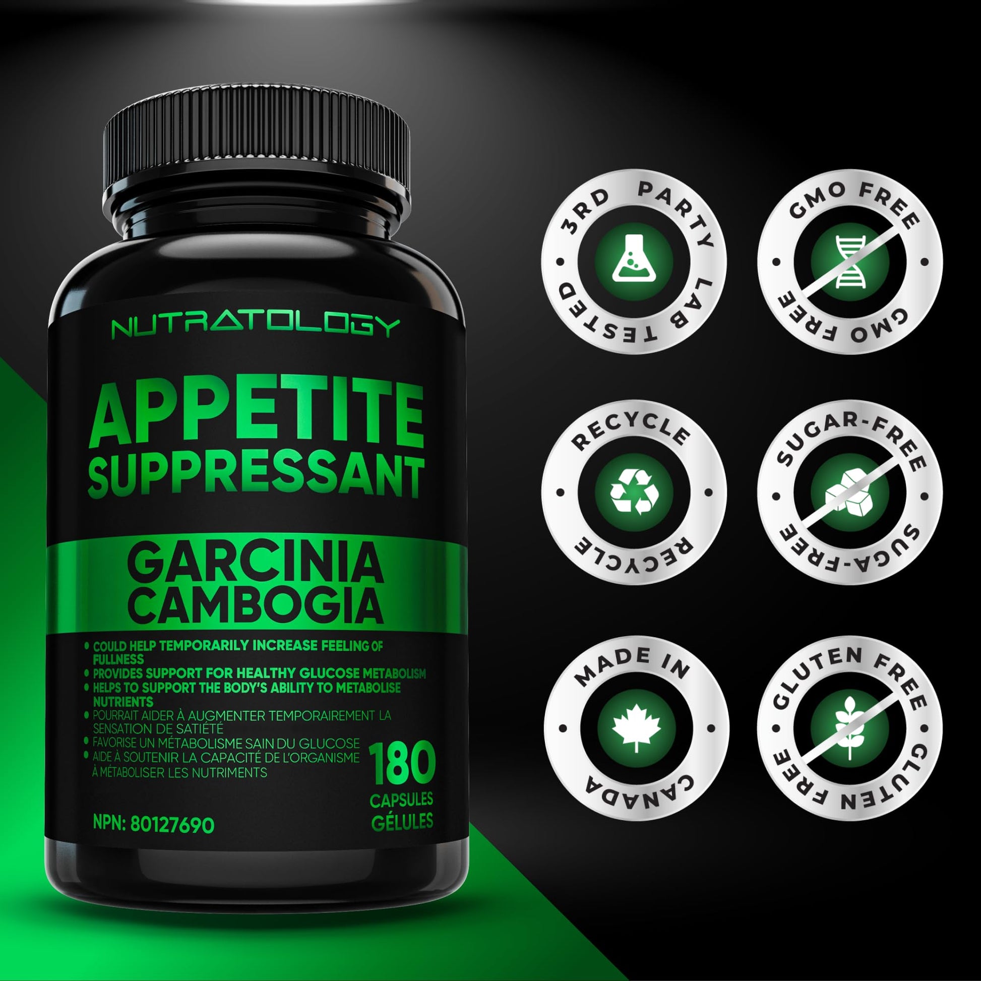 Nutratology® Garcinia Cambogia Appetite Suppressant Weight Loss For Women & Men | Canadian-Made | 500 MG Per Capsule | 60% HCA - Increase Feelings of Fullness & Maintain Blood Sugar Levels - 180 Count - Available at All In One Marketplace Canada
