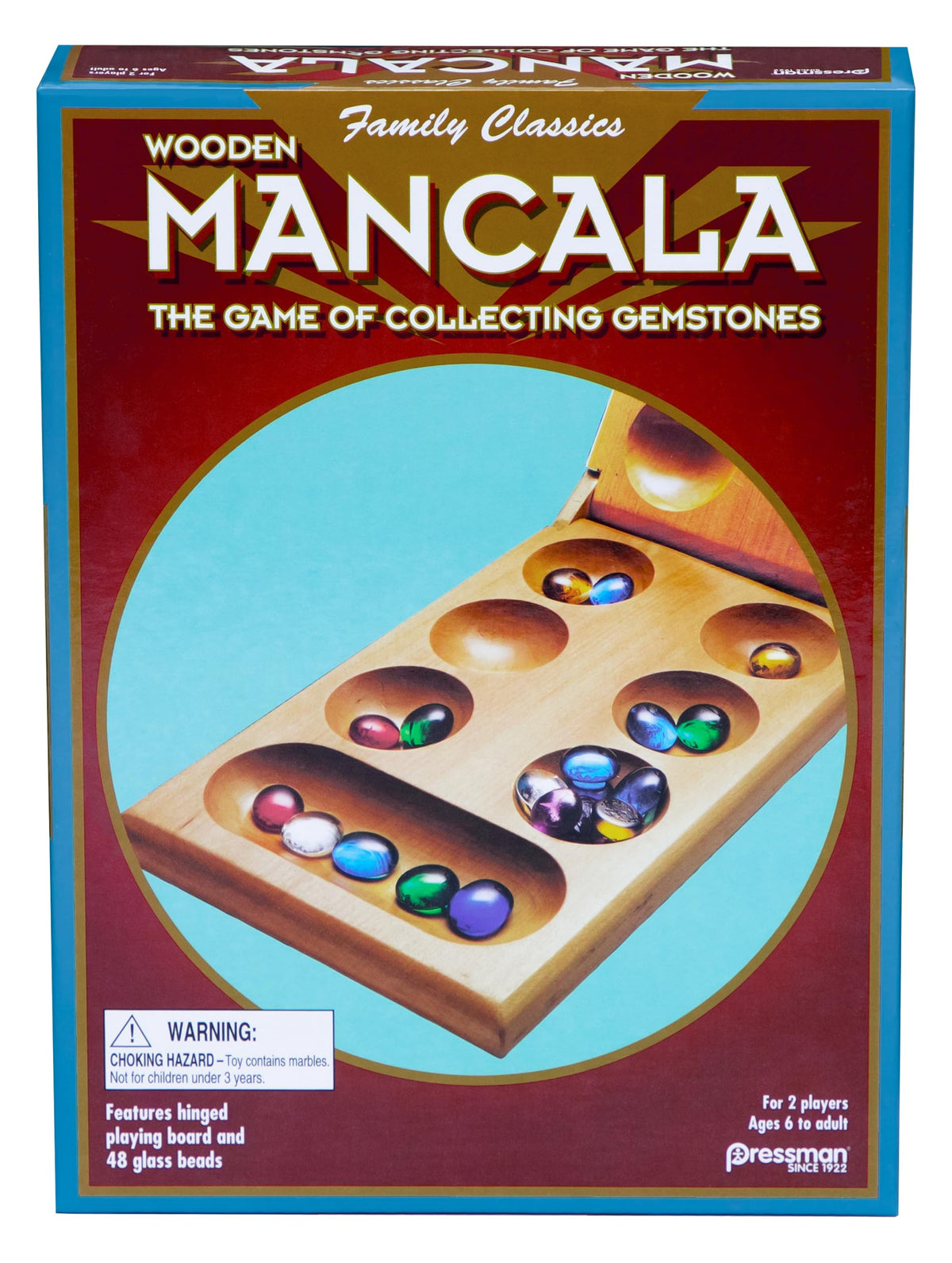 Pressman 4426-06 Mancala - Real Wood Folding Set, with Multicolor Stones | 1 pack | Family Classics Mancala