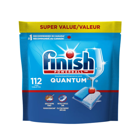 Finish Quantum Dishwasher Detergent Pods, 3-Chamber Formula with Powerball Action, No Pre-Rinse, Grease & Stain Removal, Scrubs Dried-On Food, Deep Clean & Sparkling Shine, 112 Tabs