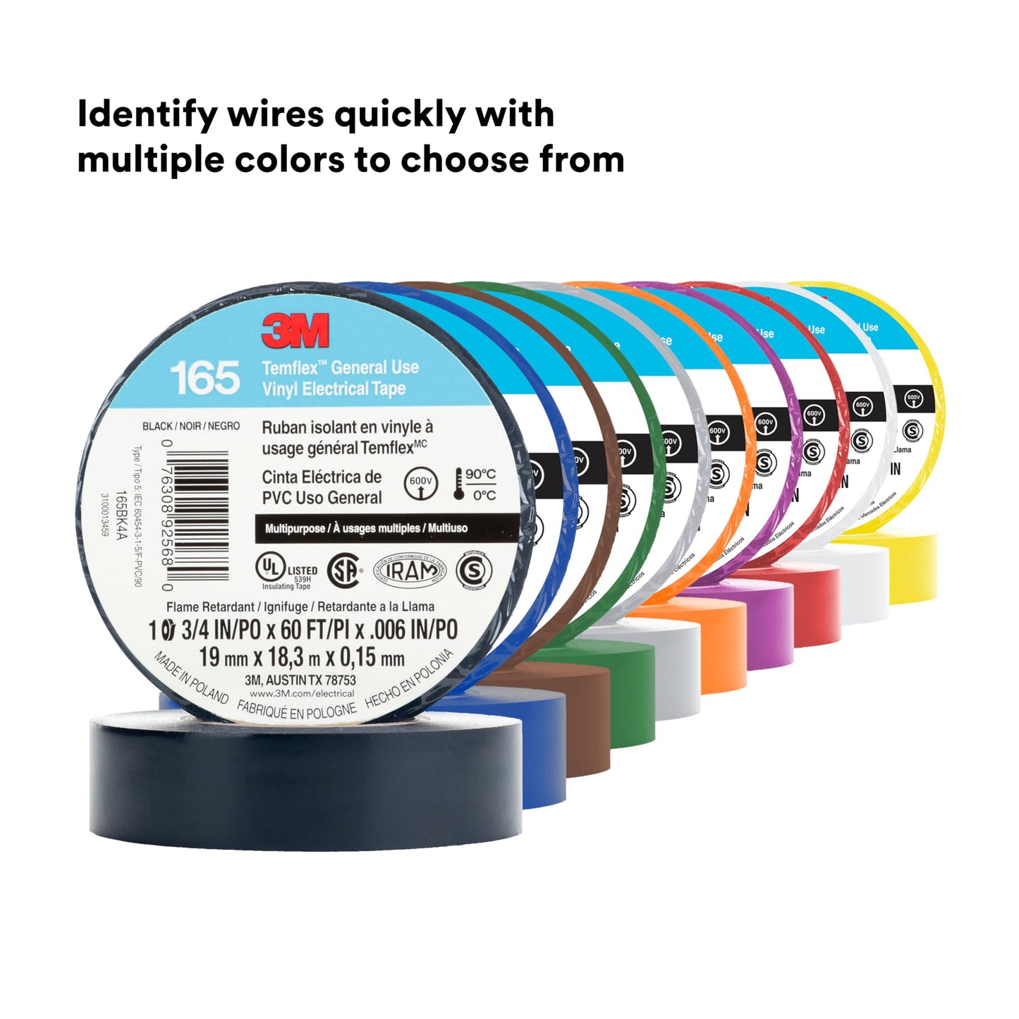3M Temflex 165, Vinyl Colour Coding Electrical Tape, Black, 3/4in x 60ft, 10 Rolls 3M