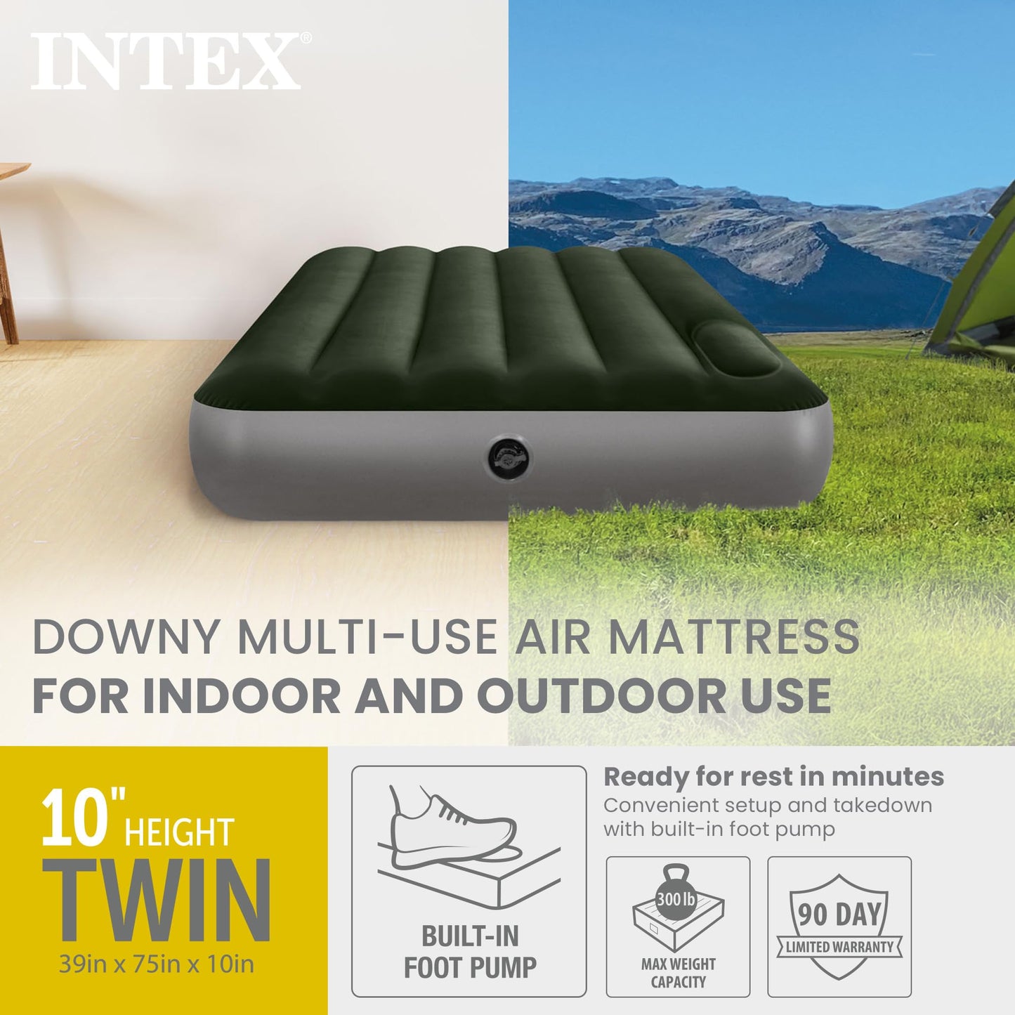 INTEX 64761E Dura-Beam Standard Downy Air Mattress: Fiber-Tech – Twin Size – Built-in Foot Pump – 10in Bed Height – 300lb Weight Capacity 🍁 All In One Marketplace Canada