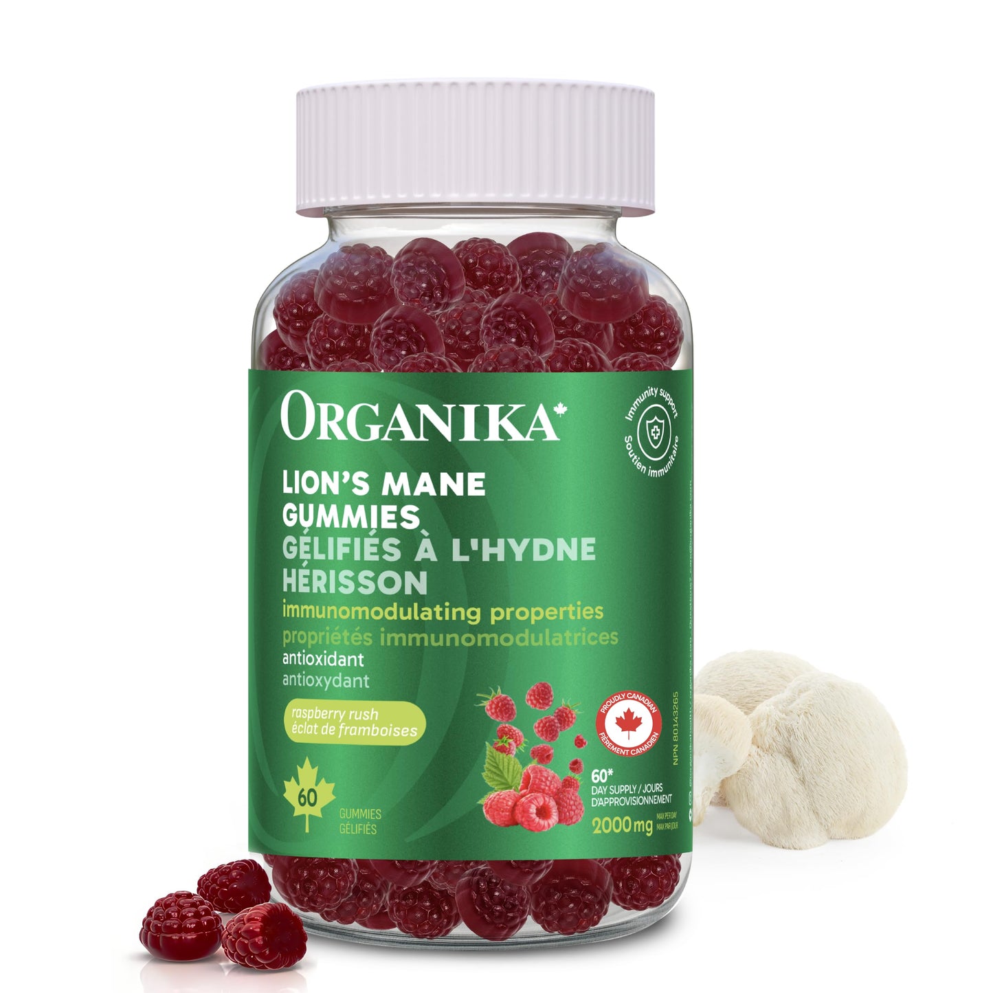 Organika Lion’s Mane Mushroom Gummies – 2000 mg Equivalent per Serving | Brain & Immune Support | Antioxidant Mushroom Supplement | Raspberry Flavour- 60 gummies Organika
