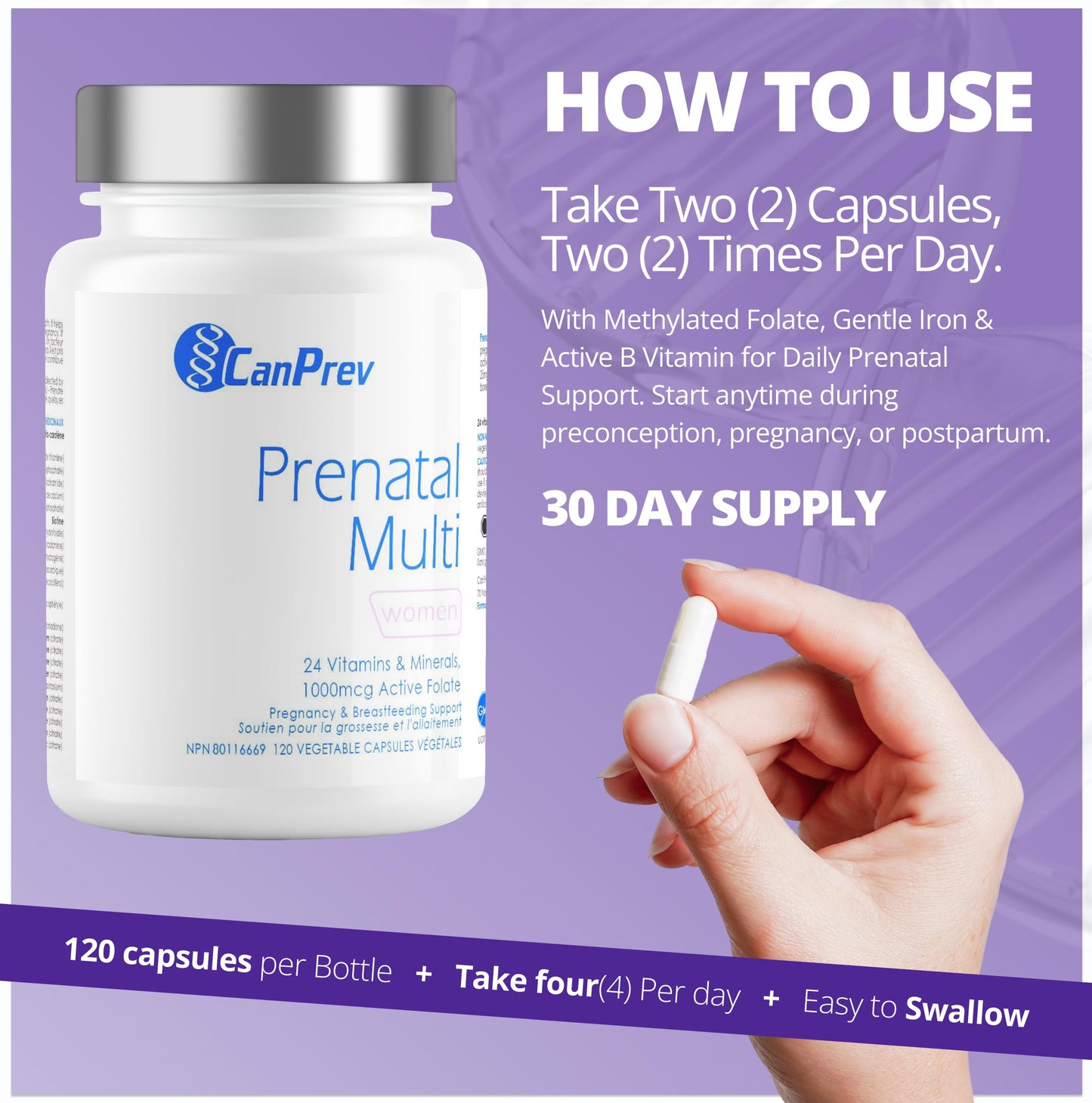 CanPrev Prenatal Multi 120 Caps 30-Day Supply - Prenatal Vitamins with Folic Acid for Pregnancy & Breastfeeding, Women's Prenatal Multivitamin & Mineral, 1000 mcg Active Folate - Non-GMO & Gluten-Free - Available at All In One Marketplace Canada