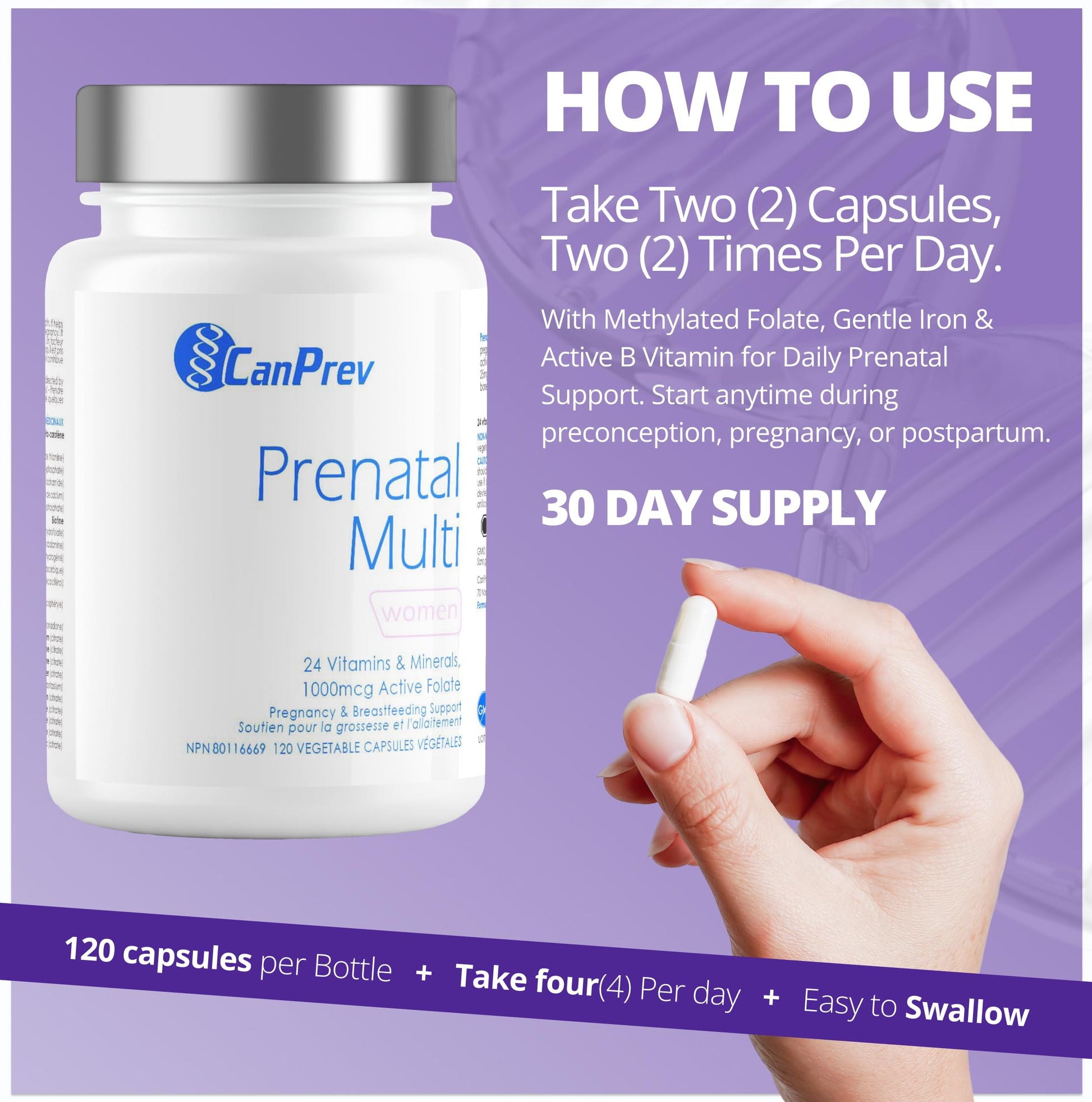 CanPrev Prenatal Multi 120 Caps 30-Day Supply - Prenatal Vitamins with Folic Acid for Pregnancy & Breastfeeding, Women's Prenatal Multivitamin & Mineral, 1000 mcg Active Folate - Non-GMO & Gluten-Free - Available at All In One Marketplace Canada
