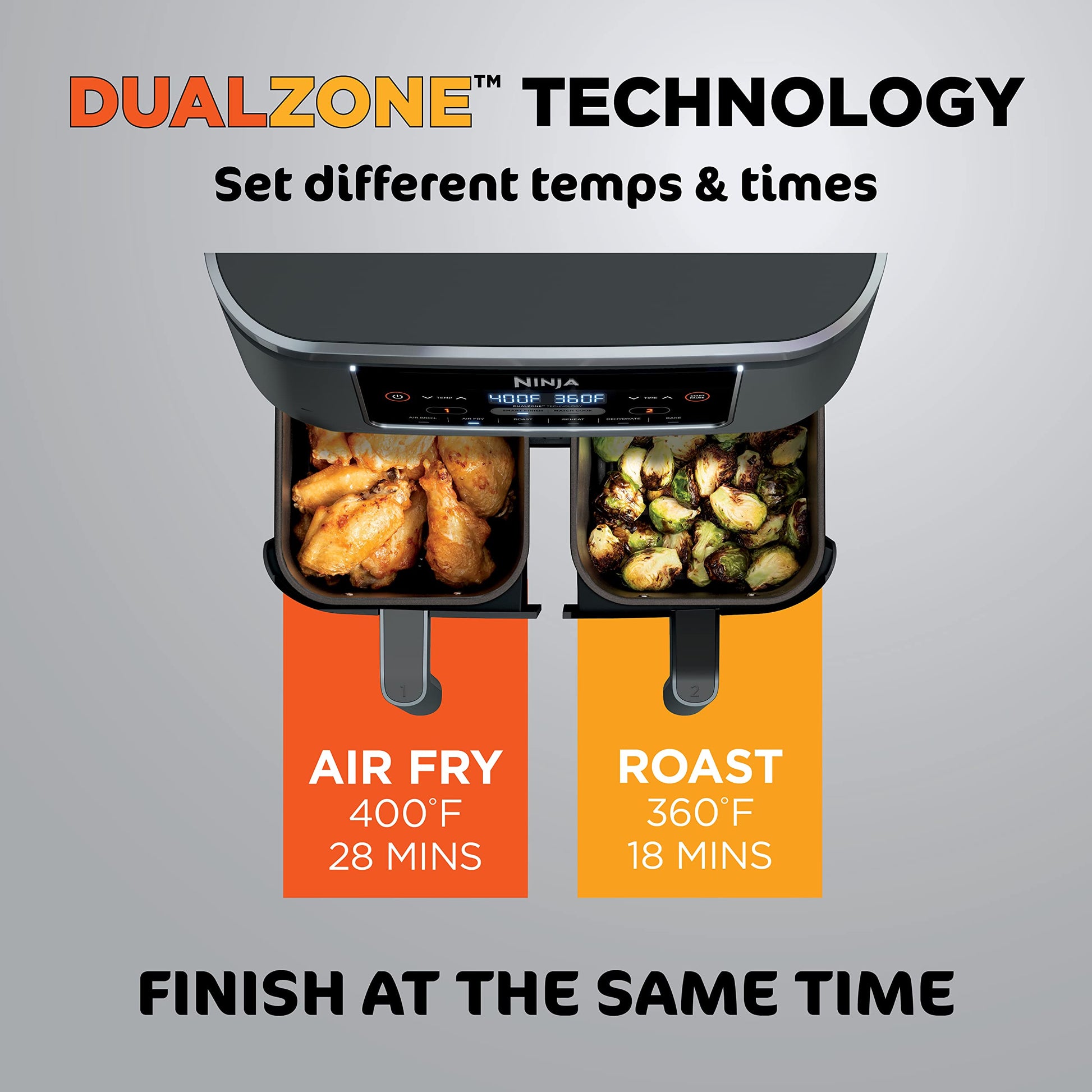 Ninja Foodi 6-in-1 8-qt. (7.6L) 2-Basket Air Fryer DualZone Technology, Match Cook & Smart Finish to Roast, Broil, Dehydrate & More for Quick, Easy Meals, Slate Grey (DZ201C) Canadian Version