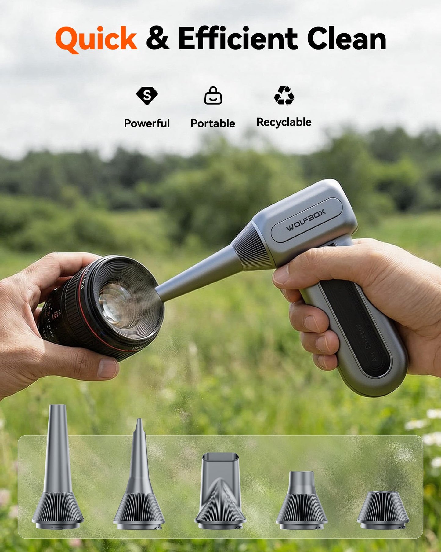 WOLFBOX MF70 Compressed Air Duster-110000 RPM Electric Air Duster with Extended Runtime, 3-Speed Rechargeable Air Blower for Keyboard, Computer, Camera, Car, Home, 5 Nozzles - Available at All In One Marketplace Canada