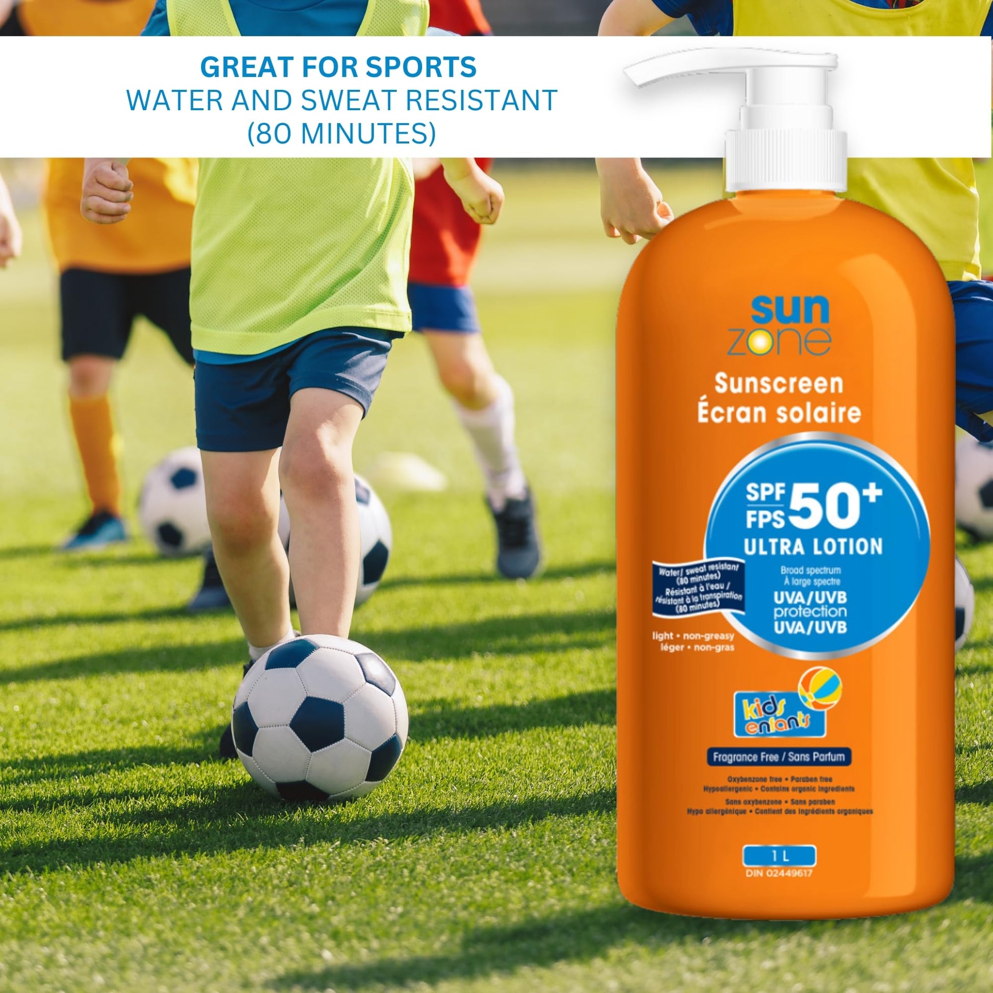 Sunzone | SUNSCREEN SPF 50+ Ultra Lotion | Broad Spectrum UVA/UVB Protection | Light, Non-Greasy, Water resistant (80 minutes) | Fragrance Free | 1L Bottle with pump | MADE IN CANADA - Available at All In One Marketplace Canada