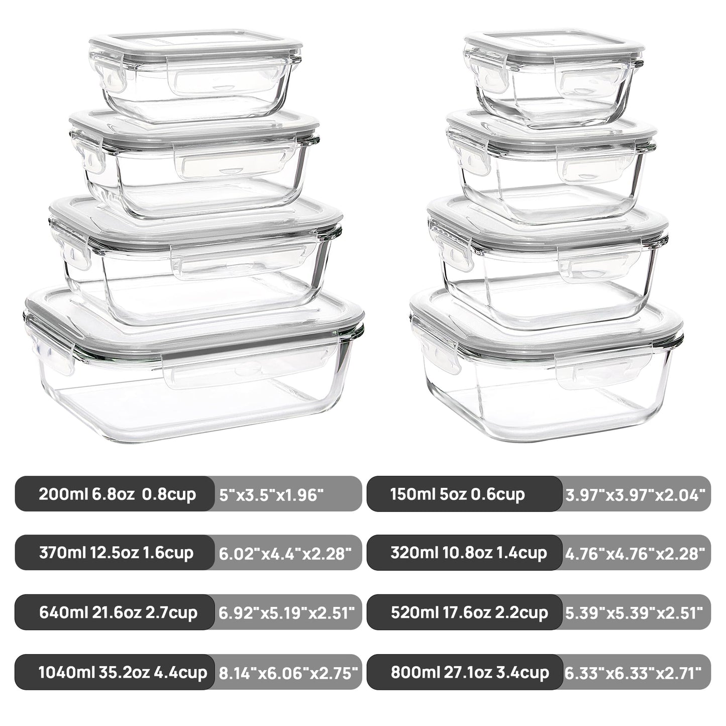 Vtopmart 8 Pack Glass Container Food Storage, Meal Prep Containers with Airtight Lids for Leftover, On-the-go, Safe for Microwave, Oven, Freezer and Dishwasher, Grey