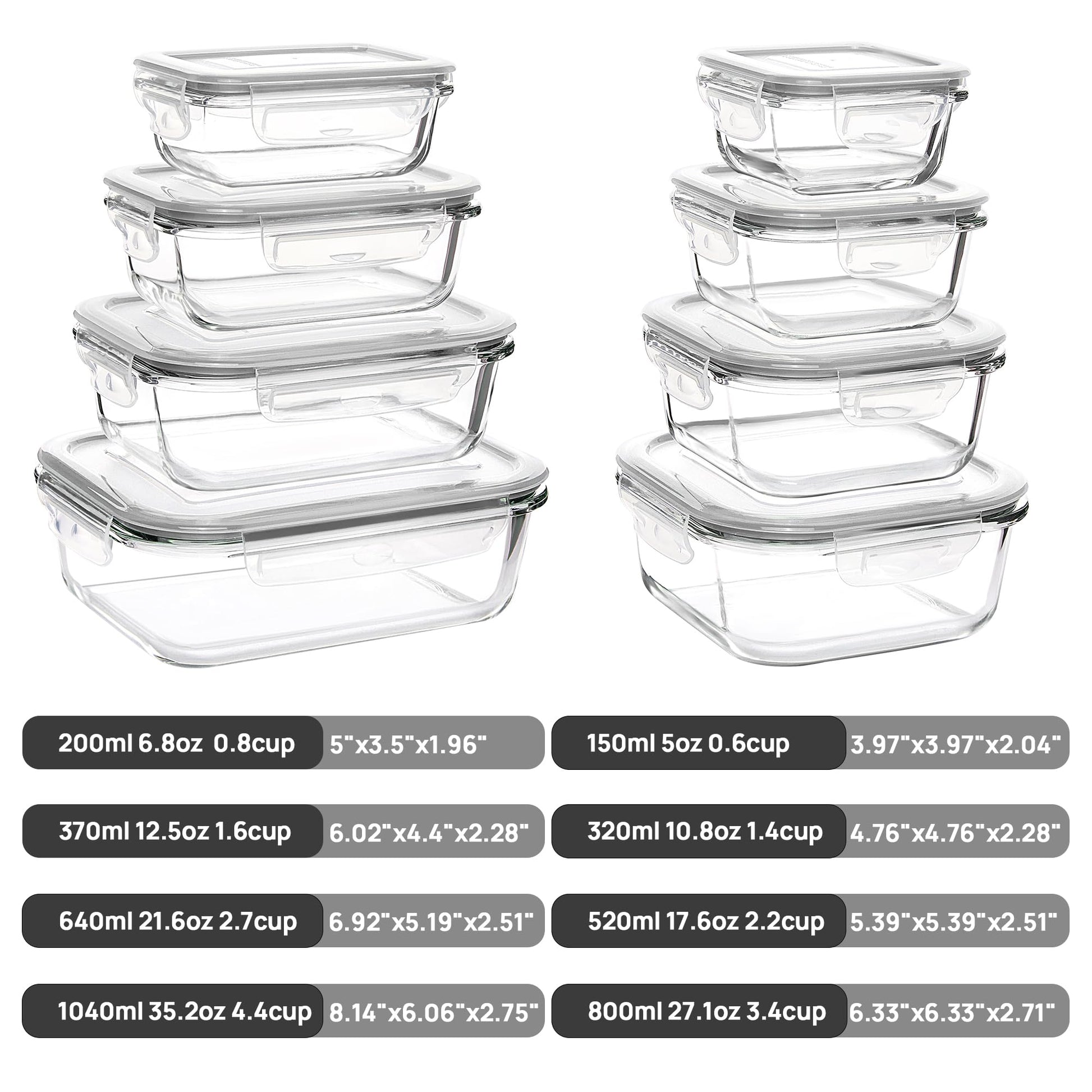 Vtopmart 8 Pack Glass Container Food Storage, Meal Prep Containers with Airtight Lids for Leftover, On-the-go, Safe for Microwave, Oven, Freezer and Dishwasher, Grey