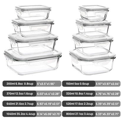 Vtopmart 8 Pack Glass Container Food Storage, Meal Prep Containers with Airtight Lids for Leftover, On-the-go, Safe for Microwave, Oven, Freezer and Dishwasher, Grey