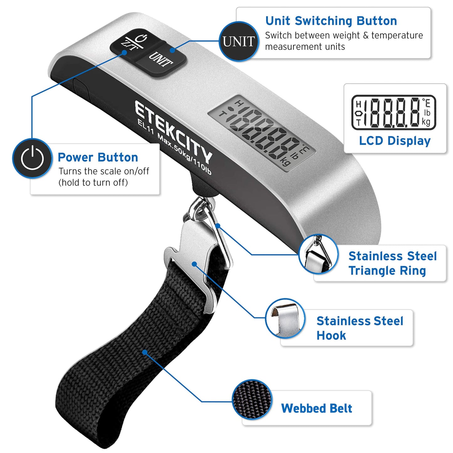 Etekcity Digital Hanging Luggage Scale, Portable Handheld, Suitcase Scale with Rubber Paint, Temperature Sensor, 110 Pounds - Available at All In One Marketplace Canada
