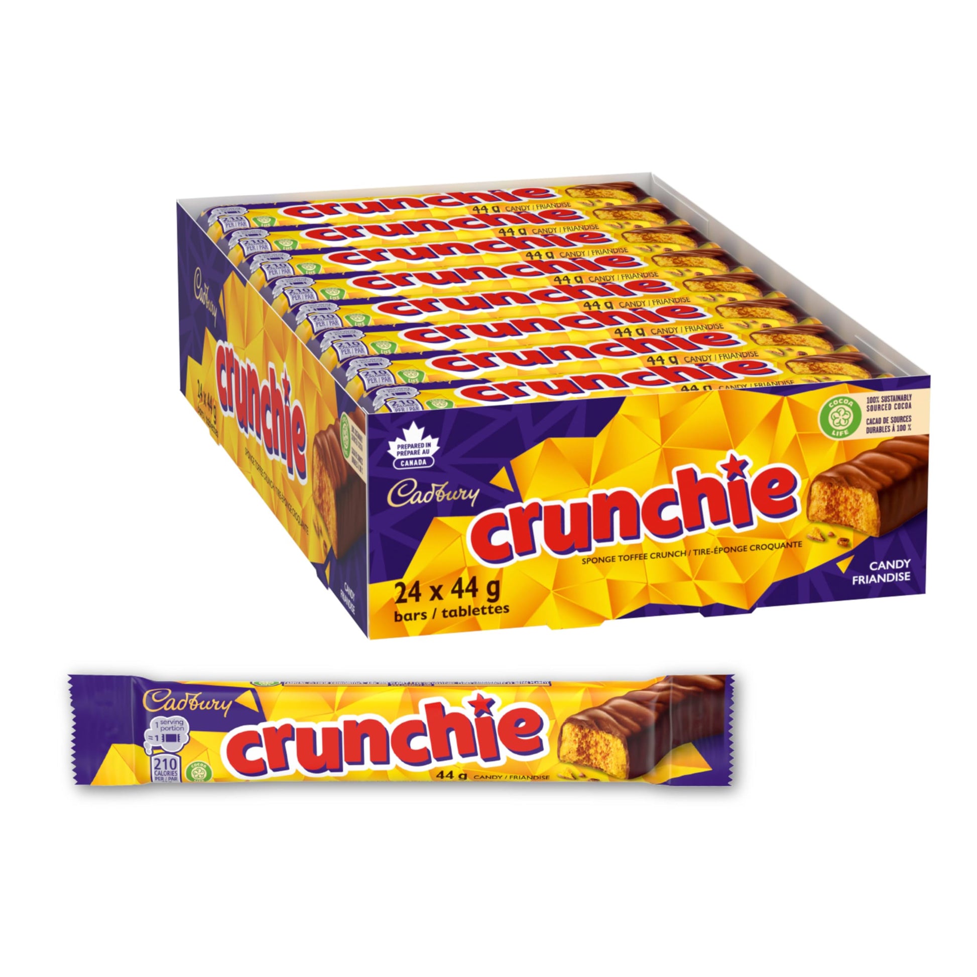 Crunchie Chocolate Bars, Full Size, 44g Each, Box of 24 Individually Wrapped