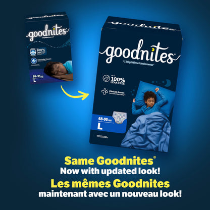 Goodnites Boys' Nighttime Bedwetting Underwear, Size Large (68-95 lbs), 75 Ct (3 Packs of 25), Packaging May Vary