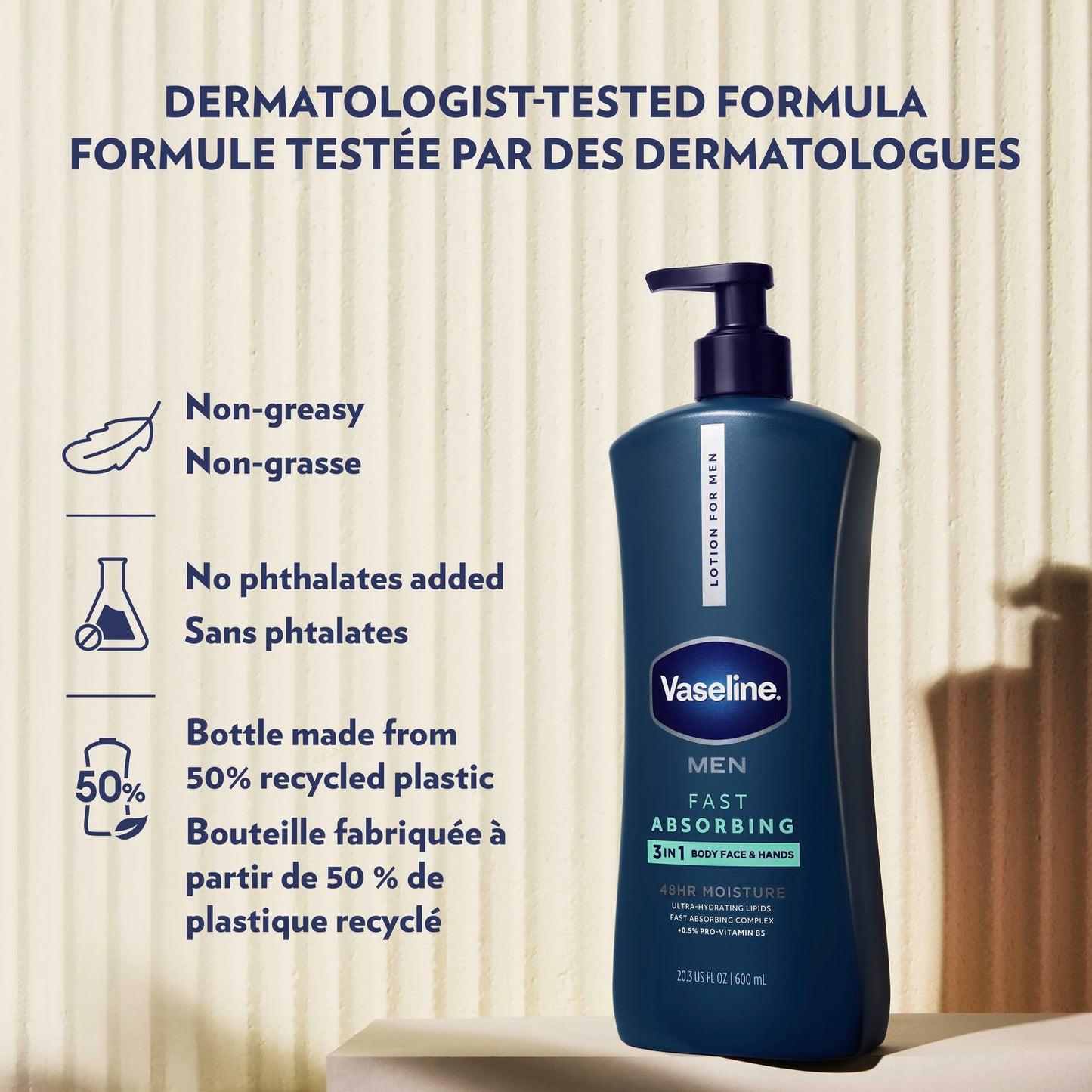 Vaseline Men 3 in 1 Body, Face & Hands Lotion 48 H Dry skin moisturizer, Fast Absorbing with Ultra hydrating lipids, 600 ml (3-pack) - Available at All In One Marketplace Canada