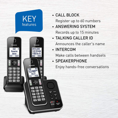 Panasonic DECT 6.0 Expandable Cordless Phone with Answering Machine and Call Block - 3 Cordless Handsets - KX-TGD393CB (Black)