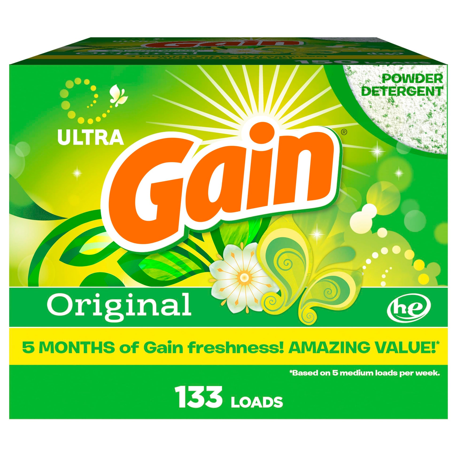 Gain Powder Laundry Detergent, Original Scent, 133 Loads, 3.4 KG GAIN