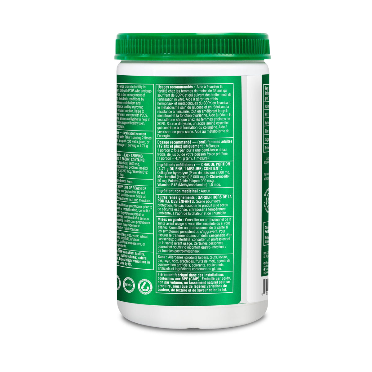 Organika Canadian-Made Marine Collagen PCOS Relief Powder - Clinically Researched 40:1 Inositol Blend, Folate, B12 - Helps support Hormone Balance, Menstrual Cycle and Fertility - 283g