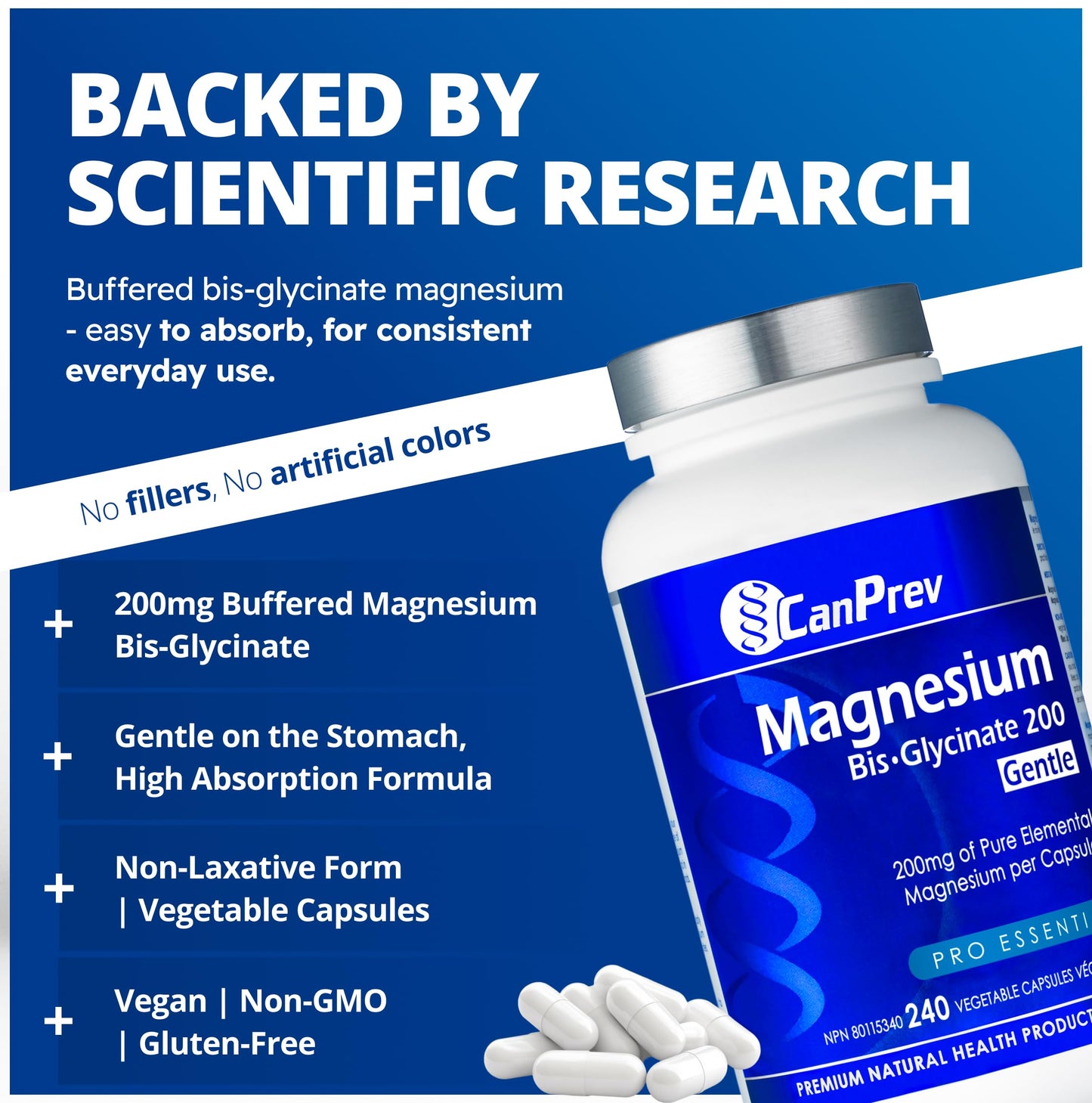 CanPrev Magnesium Bis-Glycinate 200mg Gentle, 240 Veg Caps, Well-Absorbed Complex for Daily Calm & Restful Sleep, Muscle Function, 240 Day Supply