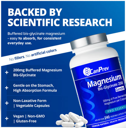 CanPrev Magnesium Bis-Glycinate 200mg Gentle, 240 Veg Caps, Well-Absorbed Complex for Daily Calm & Restful Sleep, Muscle Function, 240 Day Supply