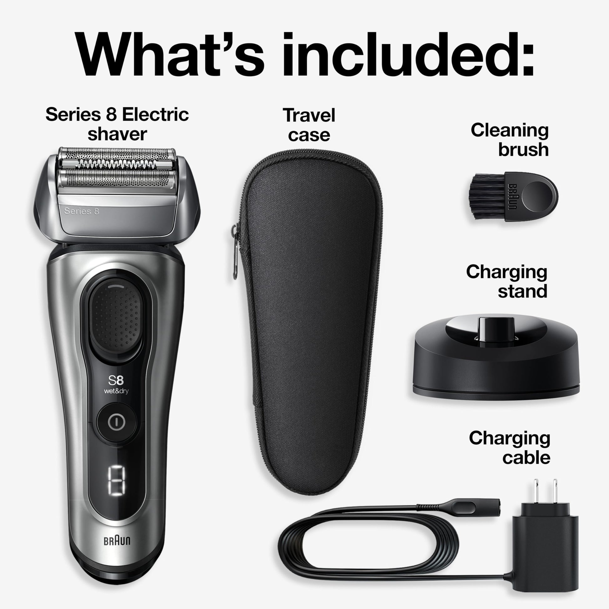 Braun Series 8 Electric Shaver for Men with Precision Long Hair Trimmer, Wet and Dry Electric Razor with Charging Stand and Travel Case, 8517s Galvano Silver - Available at All In One Marketplace Canada