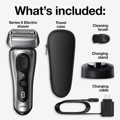 Braun Series 8 Electric Shaver for Men with Precision Long Hair Trimmer, Wet and Dry Electric Razor with Charging Stand and Travel Case, 8517s Galvano Silver - Available at All In One Marketplace Canada