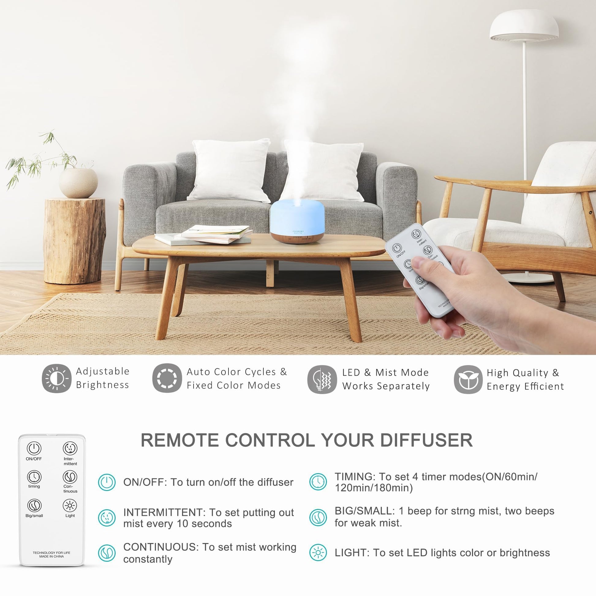 ASAKUKI 500ml Essential Oil Diffuser, 5 in 1 Premium Ultrasonic Aromatherapy Fragrant Oil Vaporizer Humidifier with Remote Control, 3 Timer and Auto-Off Safety Switch, 7 LED Light Colors - Available at All In One Marketplace Canada