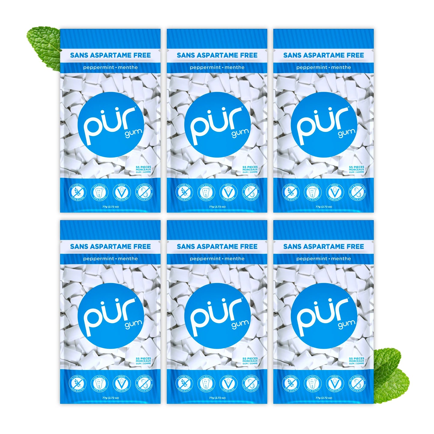 PUR Gum | Aspartame Free Chewing Gum | 100% Xylitol | Natural Peppermint Flavoured Gum, 55 Pieces (Pack of 6) - Available at All In One Marketplace Canada