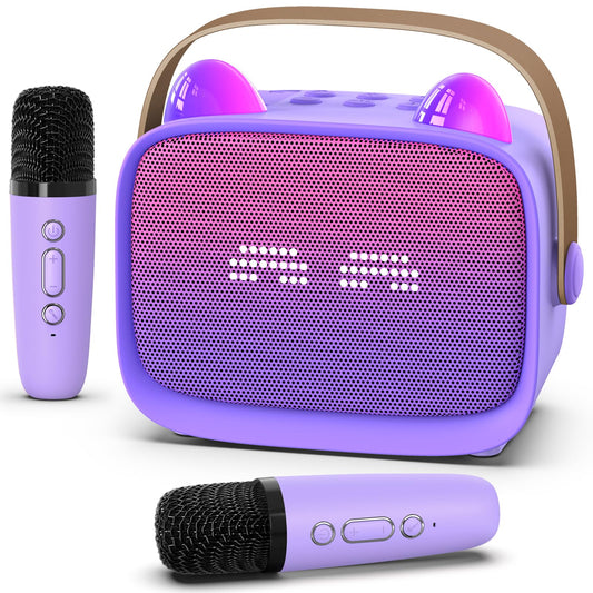 Mini Karaoke Machine Toys Gifts, Kids Portable Bluetooth Speaker with 2 Wireless Microphone and LED, Christmas Birthday Gift Idea for Girls Boys 3-12 + Year Old, Noisemaker Toys for Party (Purple)