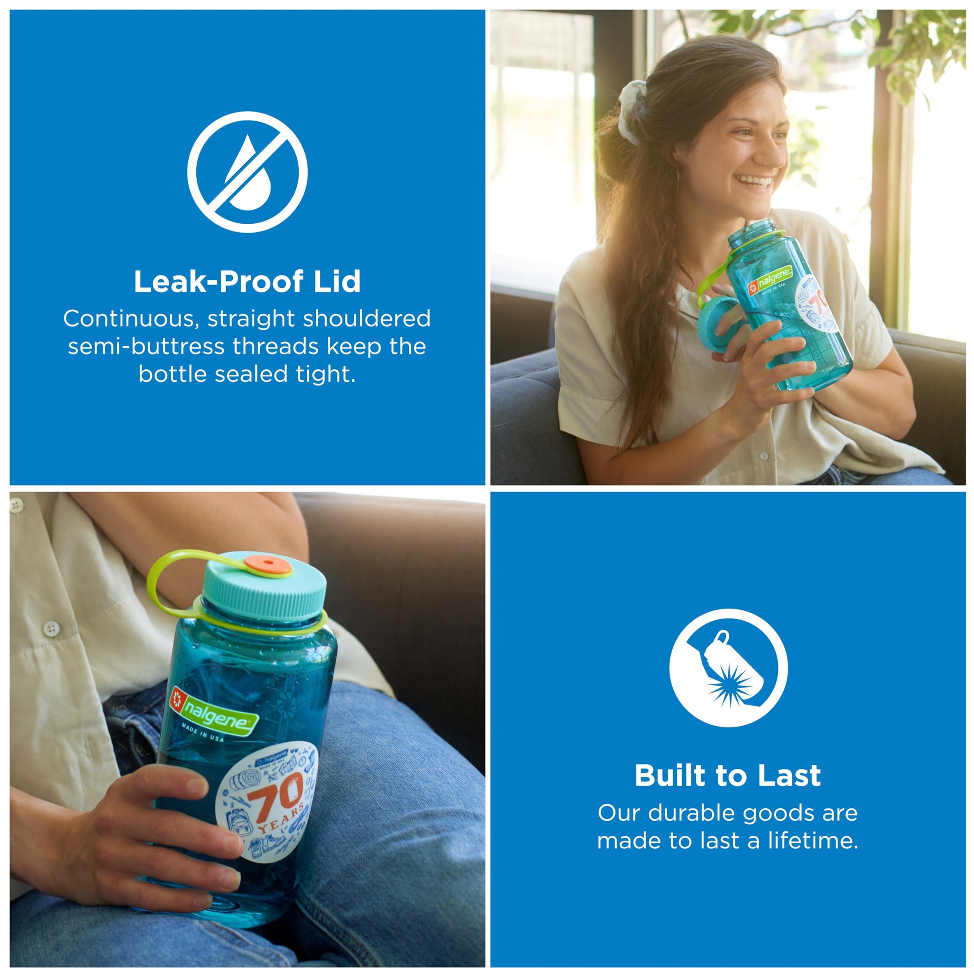 Nalgene 32 oz Wide Mouth Water Bottle BPA-Free, Durable & Leak Proof, Lightweight Bottle for Hiking & Gym, Work & Travel, Cerulean