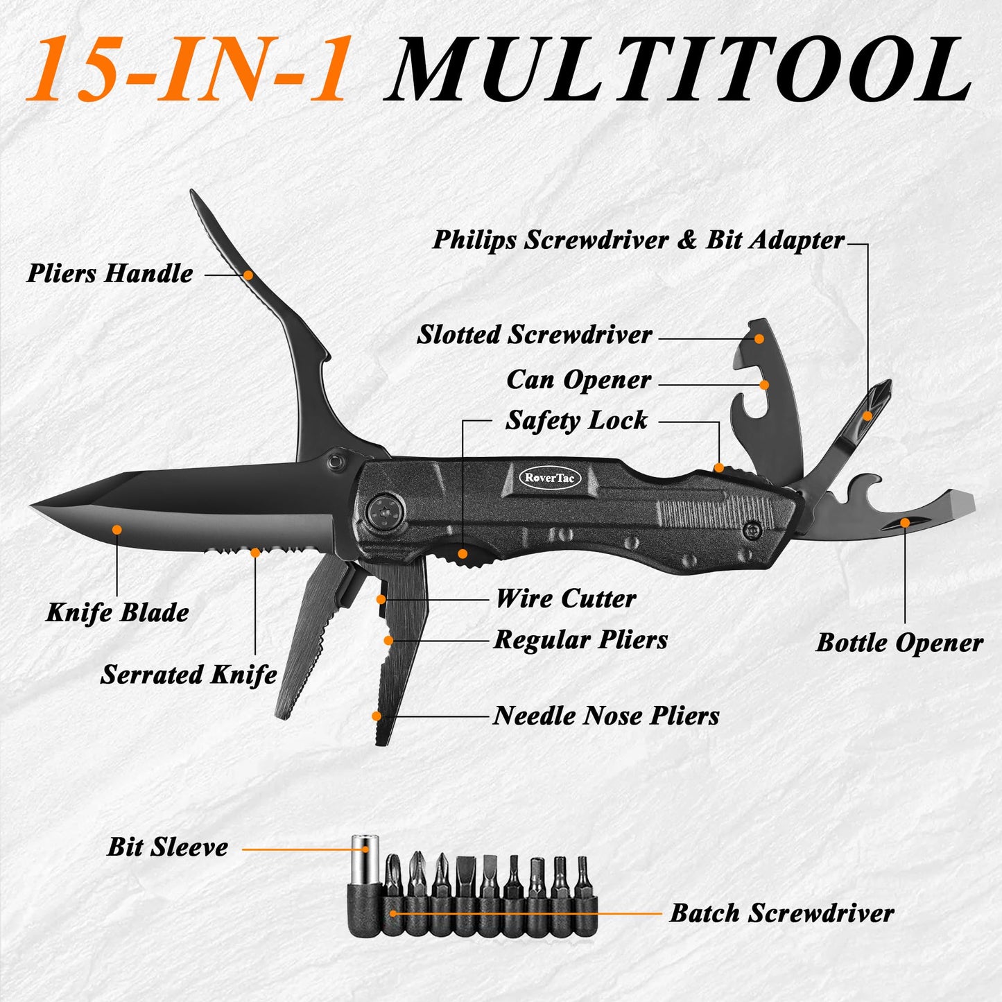RoverTac Pocket Knife, 15-in-1 Multitool with Pliers, Bottle & Can Opener, 9 Screwdriver Bits, Locking Mechanism & Nylon Sheath - EDC Multi Tool for Camping, Hiking & DIY, Gift for Men & Dad - Available at All In One Marketplace Canada