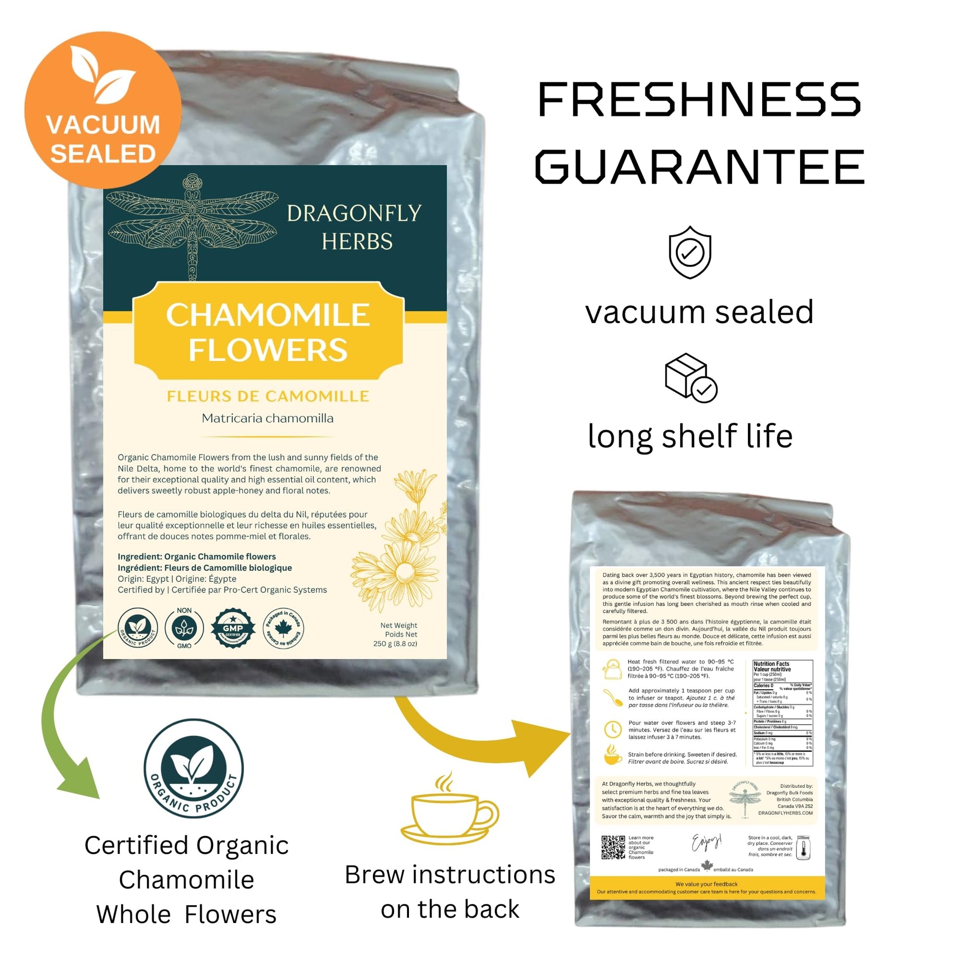 Dragonfly Herbs Organic Chamomile Tea – 250g Loose Whole Flowers, German Matricaria Chamomilla