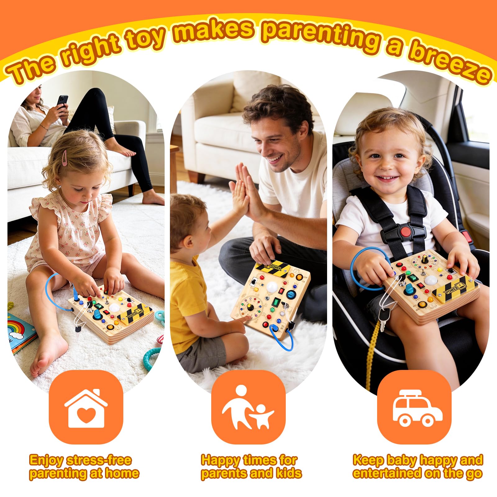 Busy Board Plus Version with 23 LED Lights, Montessori Sensory Fidget Toys for Toddlers 1-3, Wooden Educational Activity for Fine Motor Skills, Quiet Airplane Travel Must Haves for 1 2 3+ Year Old