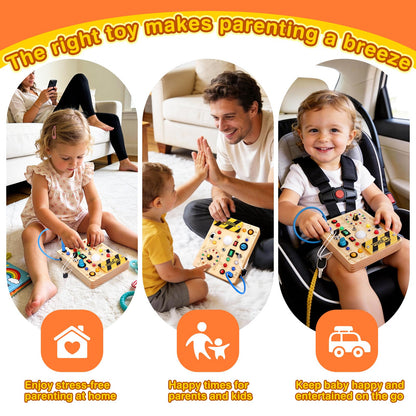 Busy Board Plus Version with 23 LED Lights, Montessori Sensory Fidget Toys for Toddlers 1-3, Wooden Educational Activity for Fine Motor Skills, Quiet Airplane Travel Must Haves for 1 2 3+ Year Old