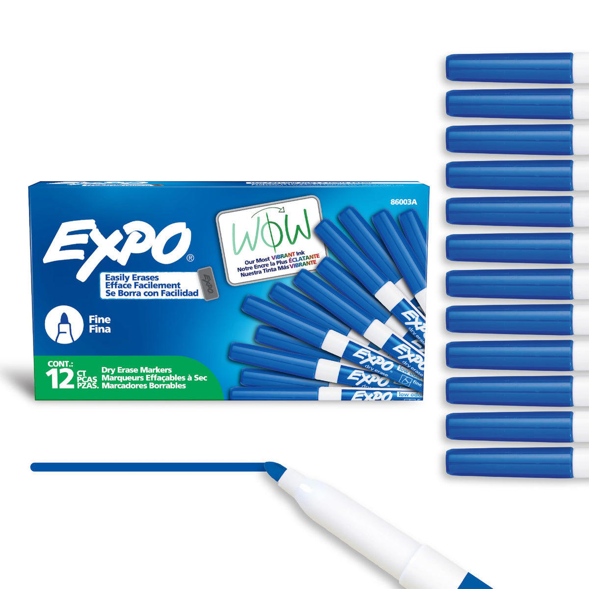 EXPO Dry Erase Markers, Low Odour Ink, Blue, Fine Tip, 12 Count