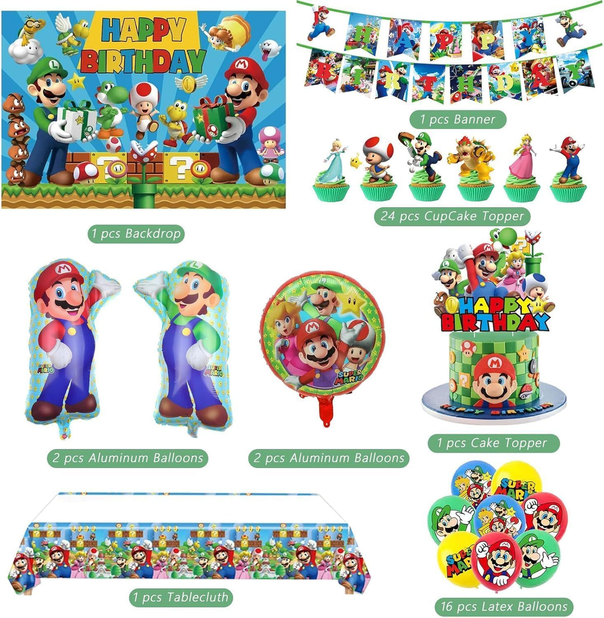 Birthday Party Decorations,48PCS Mario Cartoon Theme Supplies - 1 Backdrop, 1 Banner, 4 Aluminum Balloons, 1 Tablecloth, 25 Cake Toppers, 16 Latex Balloons. 🍁 All In One Marketplace Canada