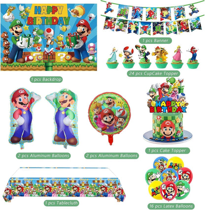 Birthday Party Decorations,48PCS Mario Cartoon Theme Supplies - 1 Backdrop, 1 Banner, 4 Aluminum Balloons, 1 Tablecloth, 25 Cake Toppers, 16 Latex Balloons. 🍁 All In One Marketplace Canada