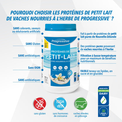 Progressive Grass-Fed 100% Whey Protein Powder Vanilla, 27g of New Zealand Whey Concentrate per Scoop for Muscle Gain, Pasture-Raised, Non-GMO, Canadian-Made Antibiotic-free, Hormone-free, 850 g Progressive