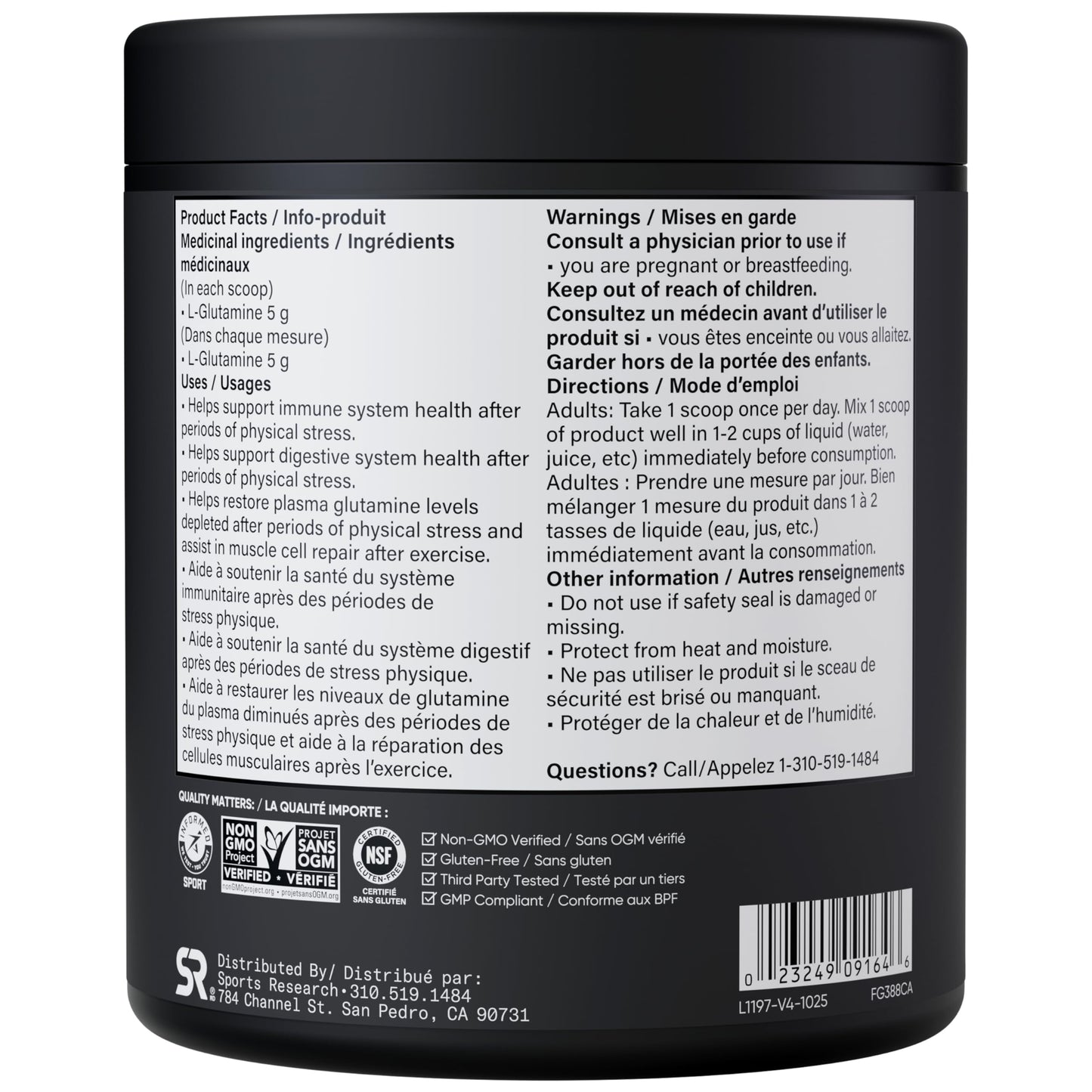 Sports Research® L-Glutamine Powder - Workout Recovery Support, Immune Health & Gut Health Support - Easy to Mix Powder - 5g Per Serving - 300g Container Size for Daily Supplement Use - Available at All In One Marketplace Canada
